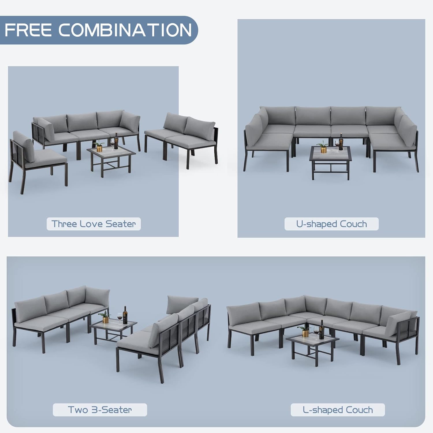 AECOJOY 7 Pieces Patio Furniture Set, Metal Mesh Fabric Outdoor Conversation Sets with Cushions and Wooden Table, Metal Outdoor Sectional Furniture for Garden Backyard, Balcony, Lawn(Grey)