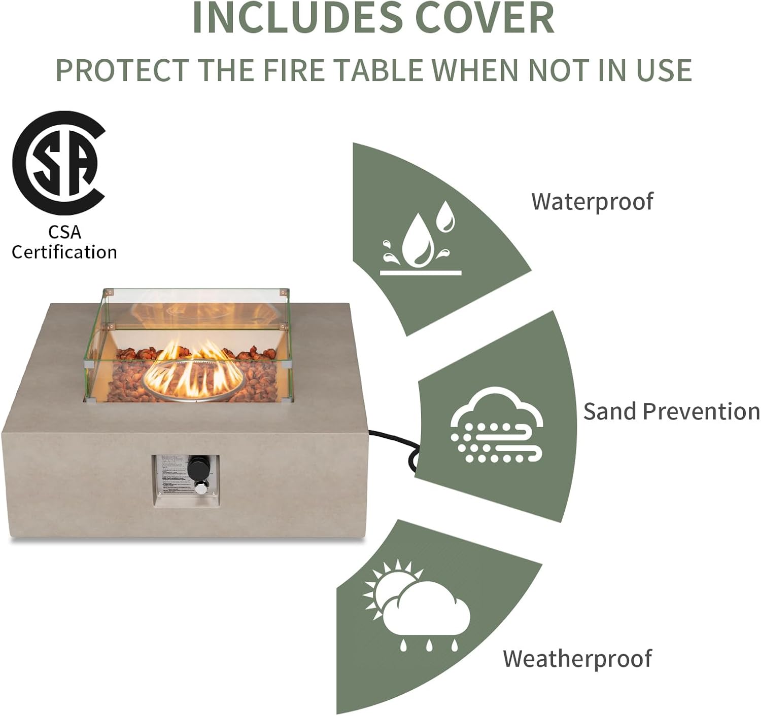 COSIEST Square Outdoor Sandstone Propane Fire Pit w Wind Guard, CSA Certified, 50,000 BTU Stainless Steel Burner, 35-inch, Free Lava Rocks and Rain Cover, Tank Outside, Metal Lid (Gray)