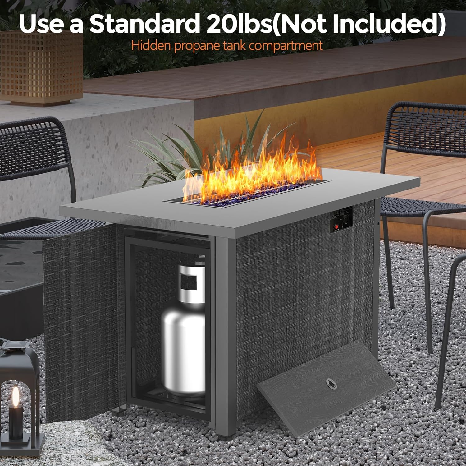 WAA 42 Inch Propane Fire Pit Table, 50,000 BTU CSA-Listed Steel Gas Fire Pit with Lid - Features Blue Crystal Stones & Metal Wood-Grain Board to Add Warmth and Ambience to Patio, Deck, Garden