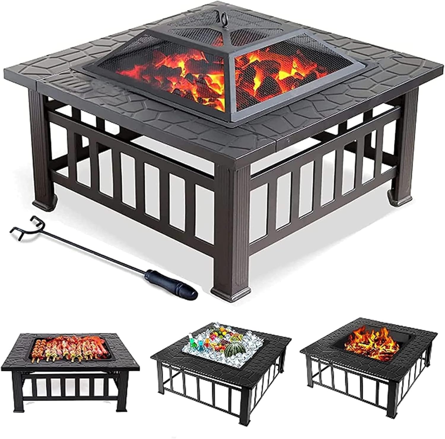 BBQ Grill Outdoor Large Outdoor Fire Pits, 32in Square Bonfire Firepit, Wood Burning Fireplace Stove w/Spark Cover Screen & Poker & Grill Grate