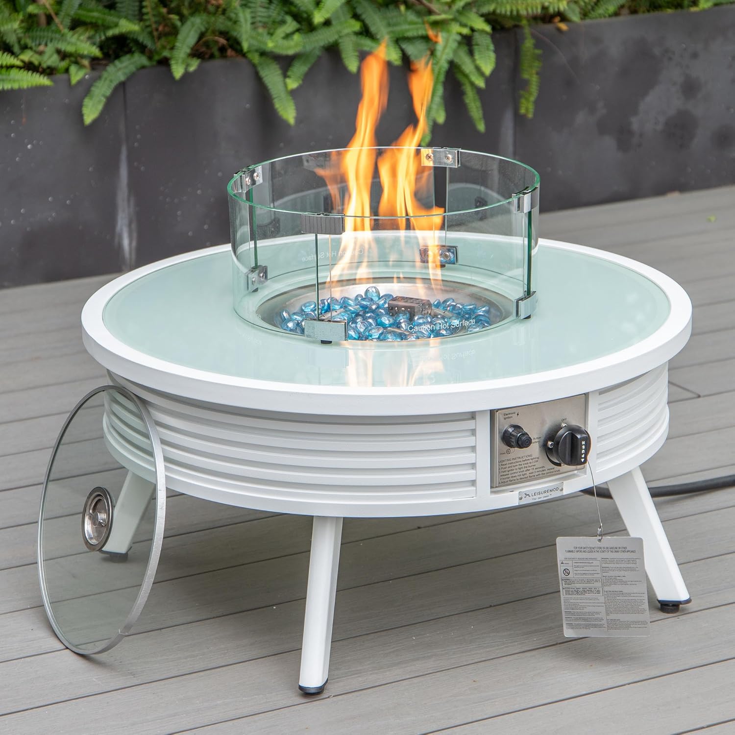 LeisureMod Walbrooke Modern Aluminum 5-Piece Patio Conversation Set with Outdoor Round Fire Pit Table with Slats Design & Side Table Tank Holder (Light Grey)