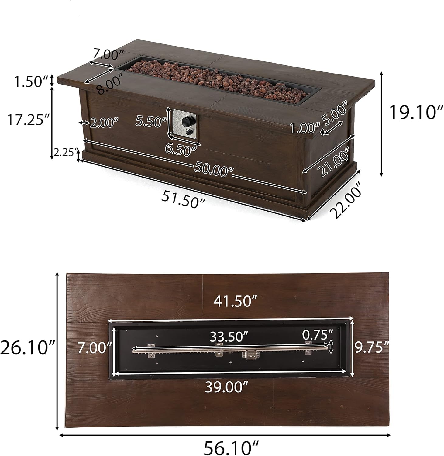 56'' Rectangular Outdoor 50,000 BTU Propane Fire Pit, Brown Wood Pattern (Tank Cover not Included)