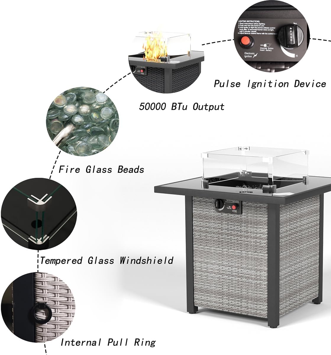 28 Inch Propane Fire Pit Table, Rattan Wicker Look, 50000 BTU Gas Firepits Tempered Glass Tabletop with Glass Windscreen Protector for Outside Patio and Garden(Grey+White)