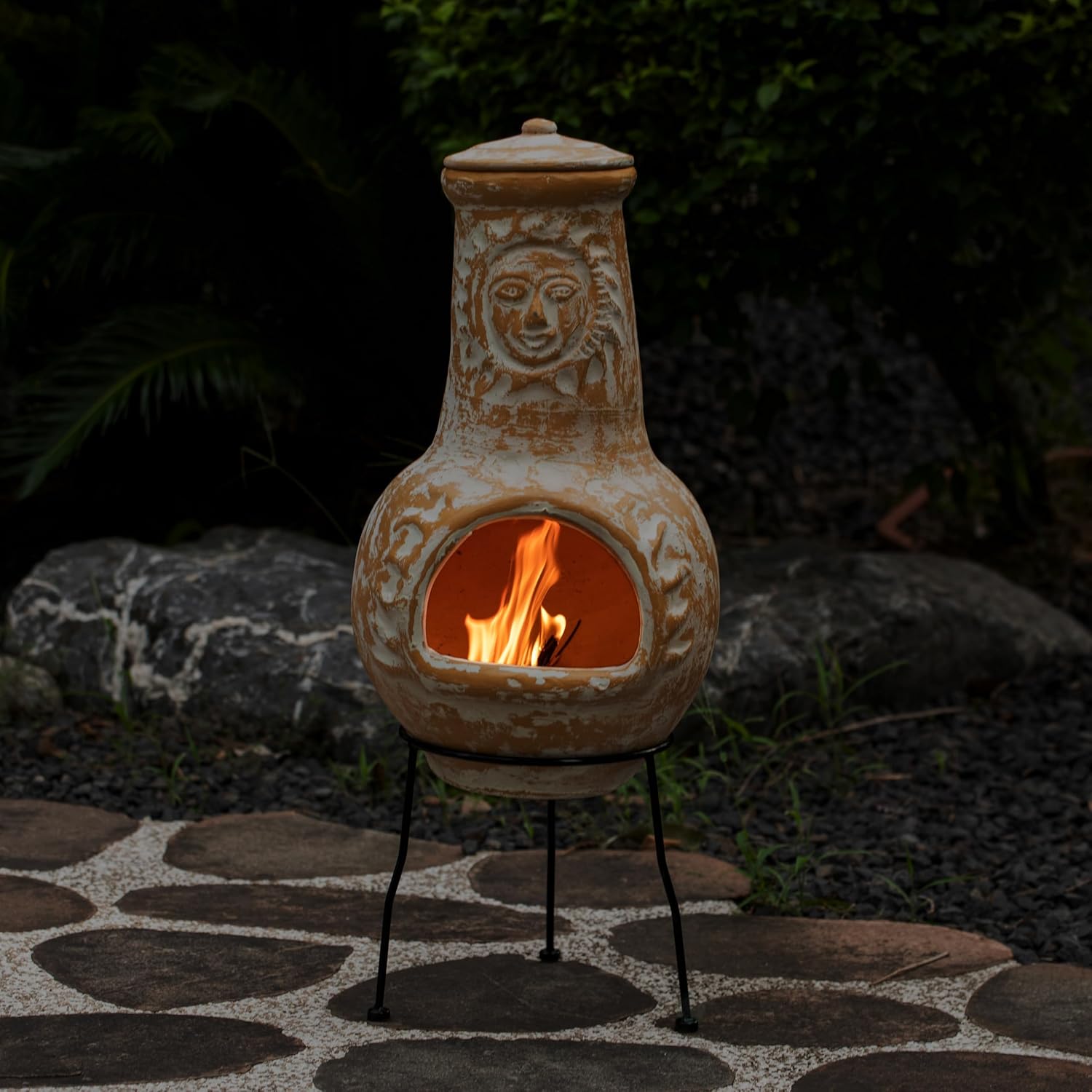 Outdoor Clay Chiminea Fireplace Sun Design Wood Burning Fire Pit with Sturdy Metal Stand, Barbecue, Cocktail Party, Cozy Nights Fire Pit (Beige)