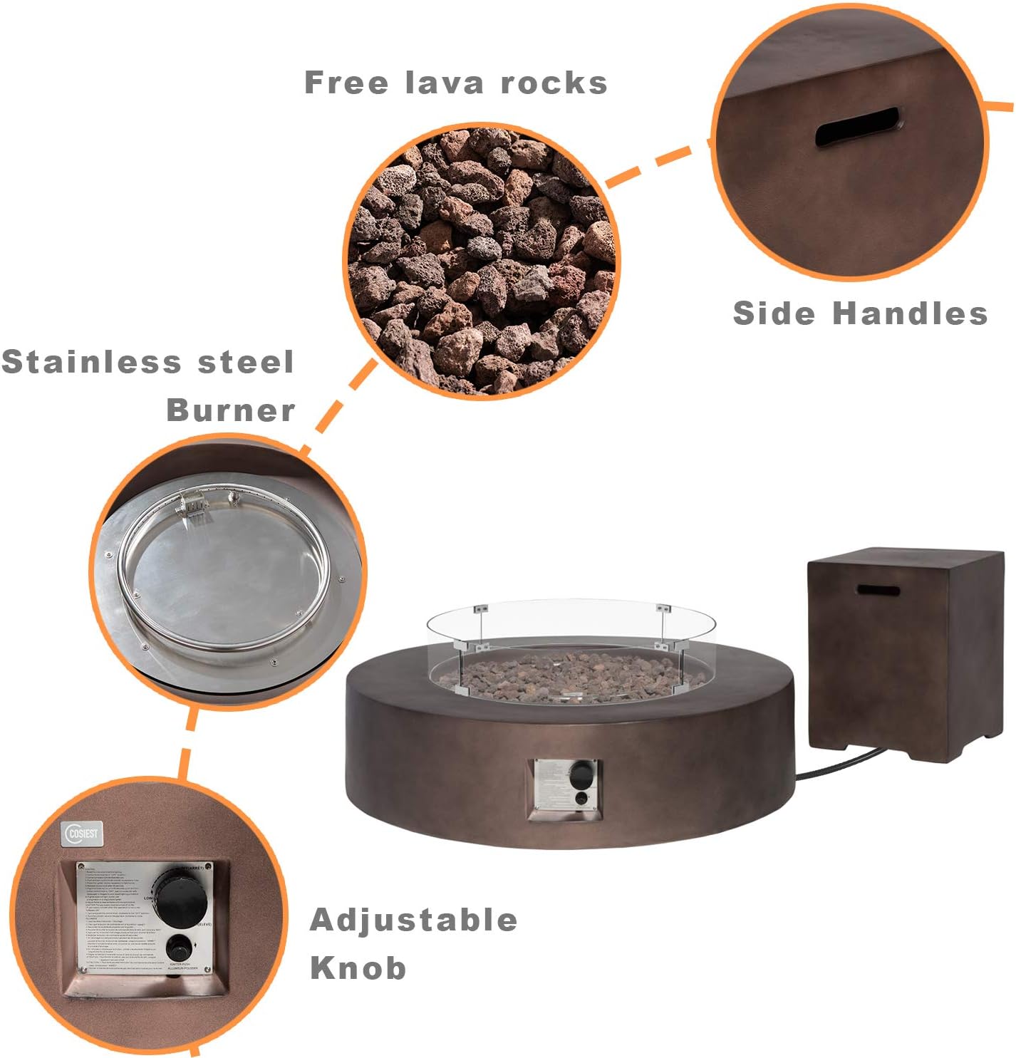 COSIEST 2-Piece Outdoor Propane Firepit Table Set w Tank Table, 42 inch Dark Fire Table Certified, 50,000 BTU w Bronze Round Base,Wind Guard and 16 inches Tank Side Table 20lb for Garden,Pool