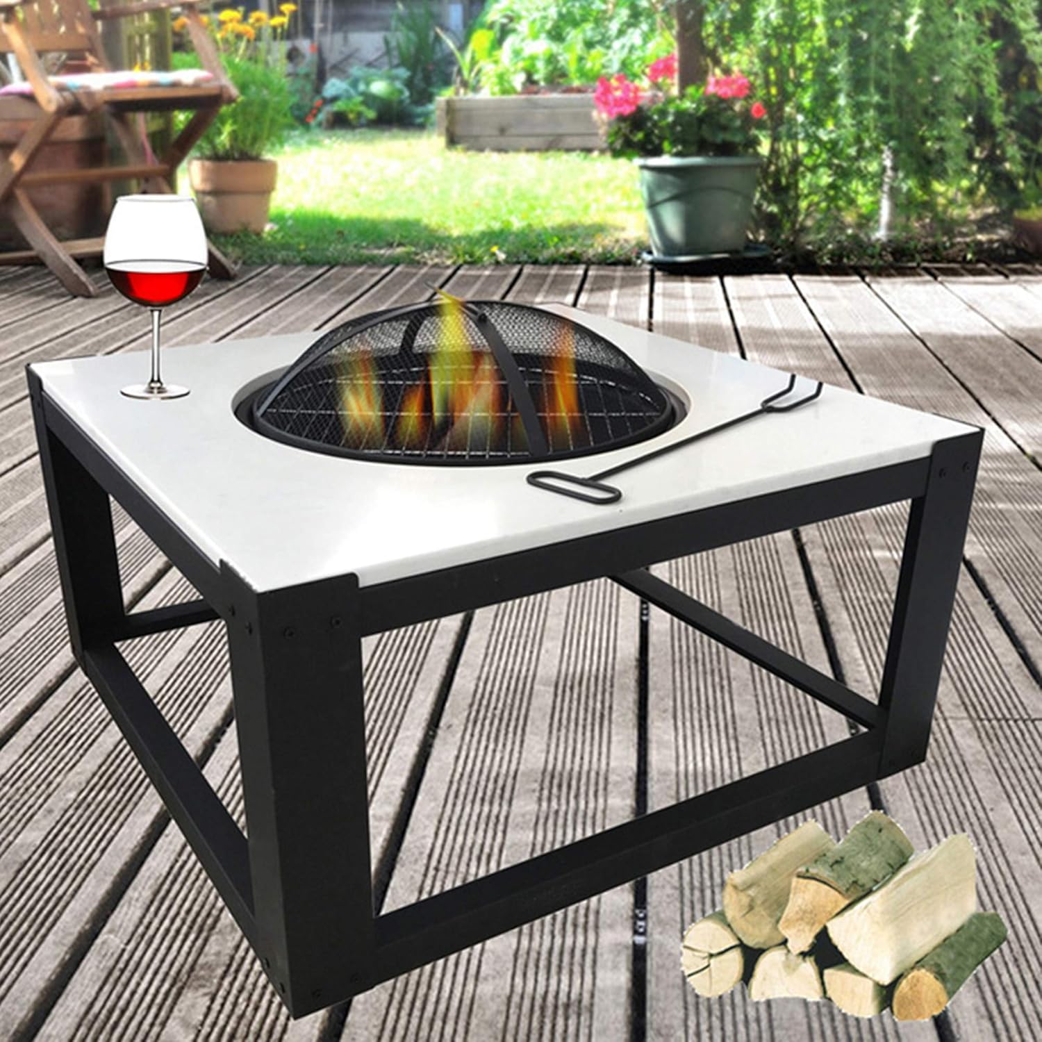 Cast Stone Bonfire Table,Party Fire Pit for Camping,Patio Heater,with Deep Fire Pit Bowl/Net Cover/Chrome Grilled Wire Mesh/Black Charcoal Tray
