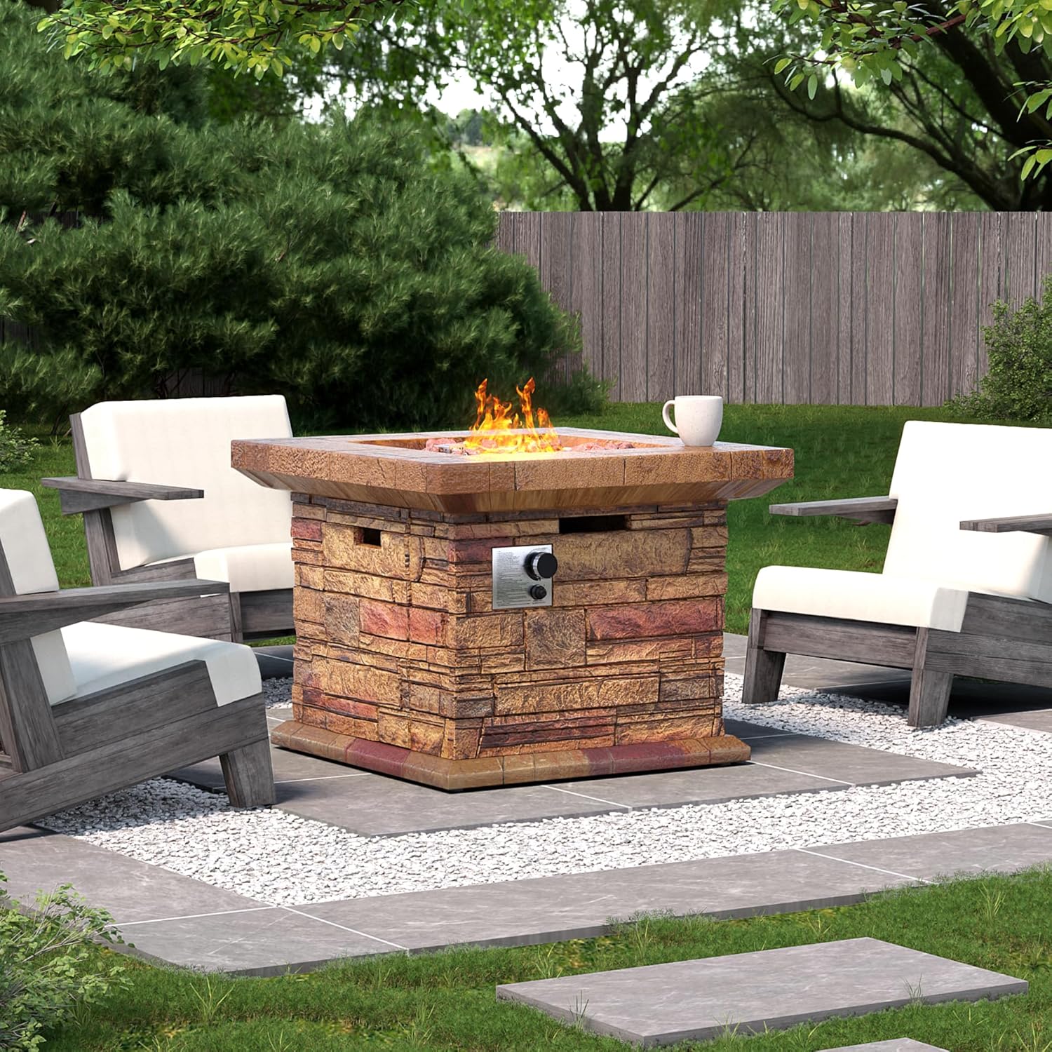 HOMPUS Outdoor Propane Fire Pit Table 32-inch Imitation Stone Square Concrete Propane Fire Pit with Lava Rocks and Rain Cover 50,000 BTU Gas Smokeless Fire Pits for Outside Patio,Garden, CSA Certified