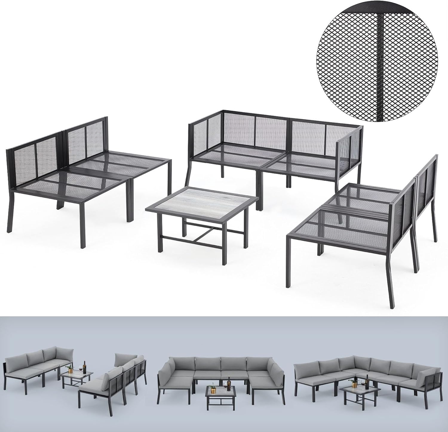 AECOJOY 7 Pieces Patio Furniture Set, Metal Mesh Fabric Outdoor Conversation Sets with Cushions and Wooden Table, Metal Outdoor Sectional Furniture for Garden Backyard, Balcony, Lawn(Grey)