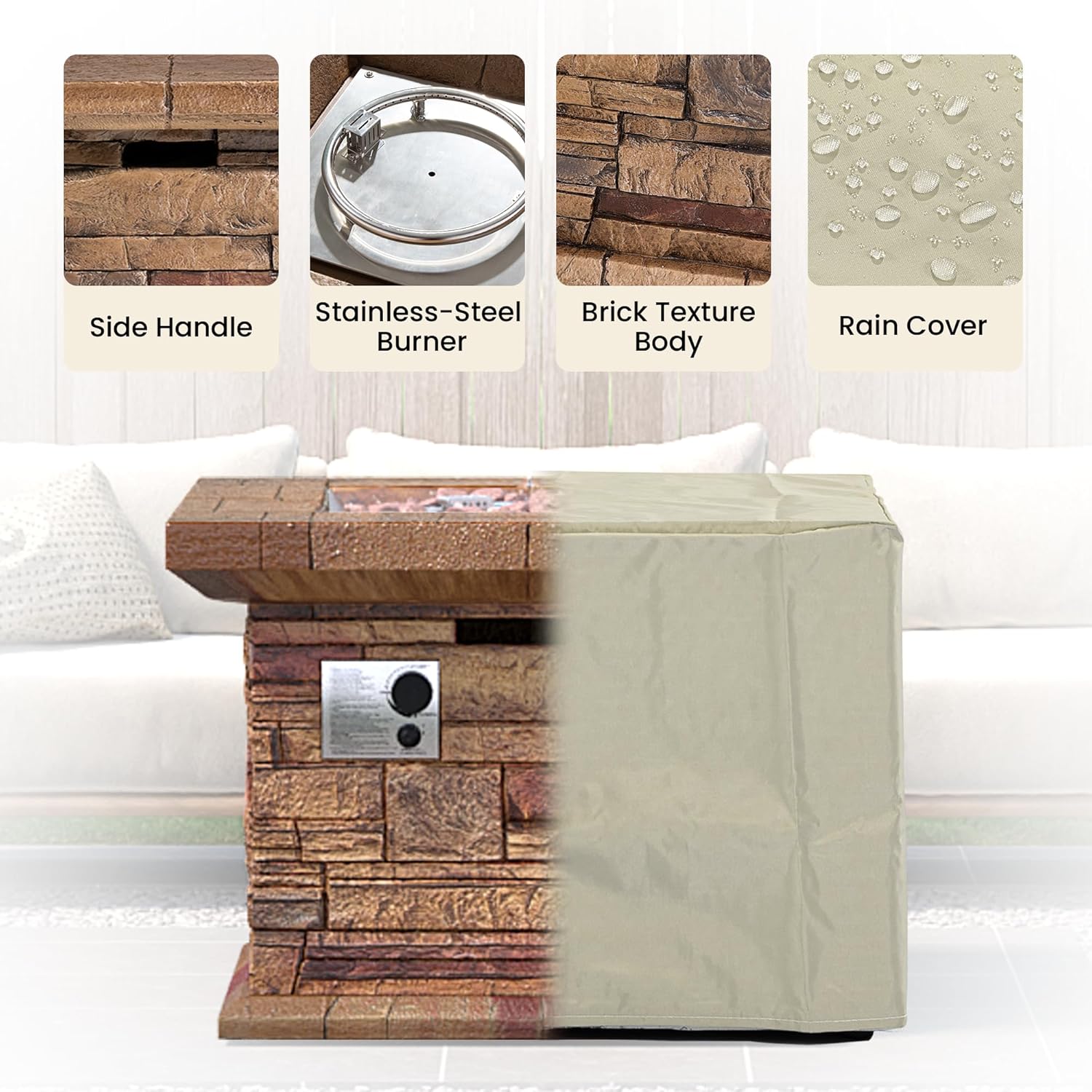 HOMPUS Outdoor Propane Fire Pit Table 32-inch Imitation Stone Square Concrete Propane Fire Pit with Lava Rocks and Rain Cover 50,000 BTU Gas Smokeless Fire Pits for Outside Patio,Garden, CSA Certified