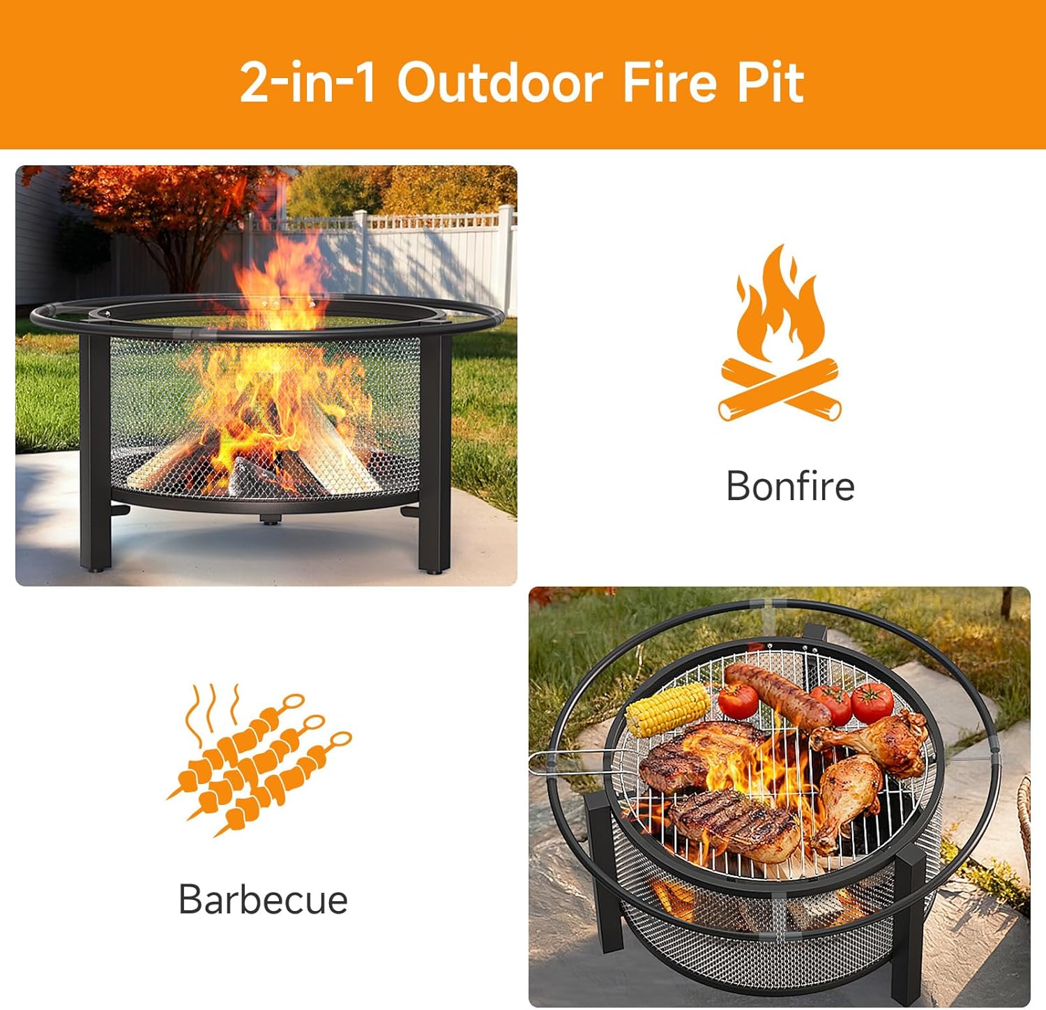 ONBRILL 2-in-1 32 Inch Fire Pit with Cooking Grill + Upgraded Connection Tube