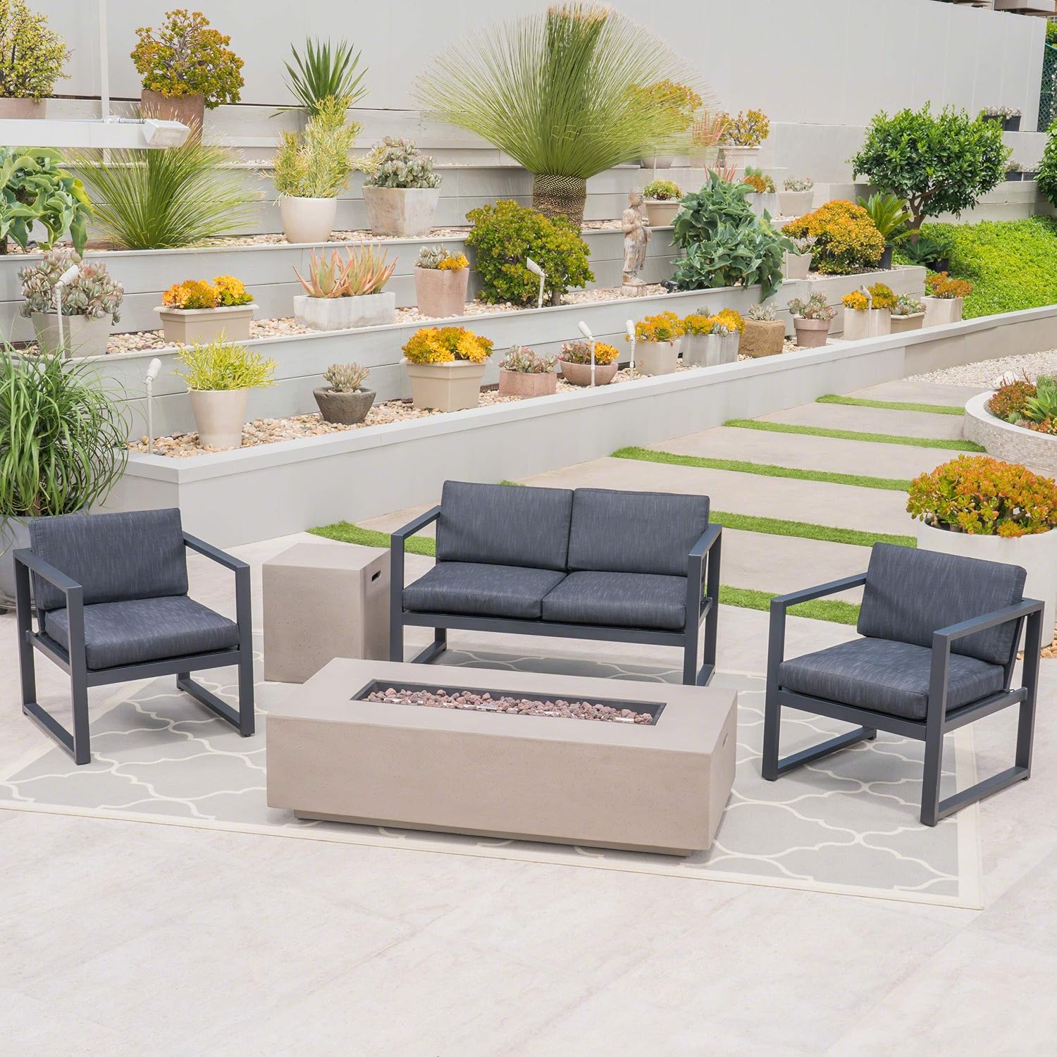 Great Deal Furniture Outdoor 4-Seater Aluminum Chat Set with Fire Pit and Tank Holder, Dark Gray and Black and Light Gray
