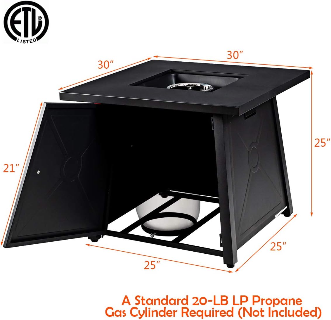 Giantex Gas Fire Table, 30 Inch Square Firepit Table 50,000BTU Fire Pits Tables w/Waterproof Cover, ETL and CSA Certification Patio Auto-Ignition Propane Heater Fireplace Table w/Lava Rock (Black)