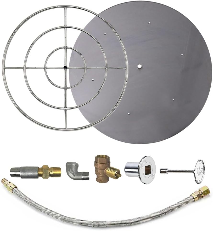 AFG Match Lit Fire Pit Burner Kit (SS-FR-36KIT-PAN-LP-MSCB), Round, 36-Inch Burner, 42-Inch Flat Pan, Propane, Polished Chrome, with Flange, Key, Valve, Flex Line and Fittings