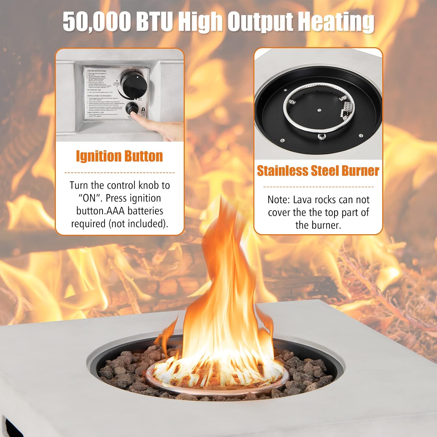 Augester Fire Pit Table, Outdoor Square Propane Fire Table, Staineless Steel Burner, Lava Rocks for Patio Garden