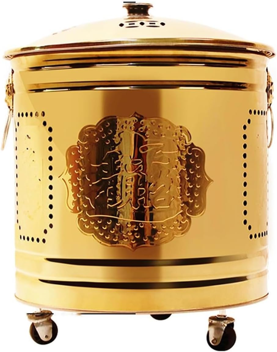 Stainless Steel Outdoor Smokeless Burn Barrel with Lid Garden Incinerator Burning Fire Bin Fire Pits with Wheels Burning Gold Barrel Burning Scripture Barrel for Paper Leaf Trash Indoor(Gold,10.2in)