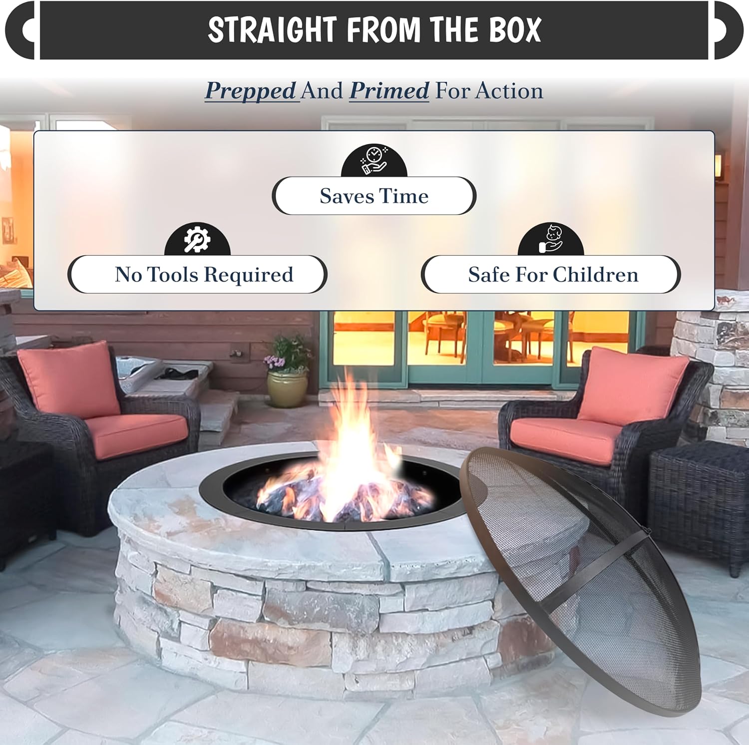 Fire Pit Spark Screen- Heavy Duty Fire Pit Screen 36 Inch Round with Hook Handle—Powder Coated Domed Outdoor Round Patio Mesh Firepit Screens Guard for Outdoor/Patio/Backyard/RV Camping/Beach