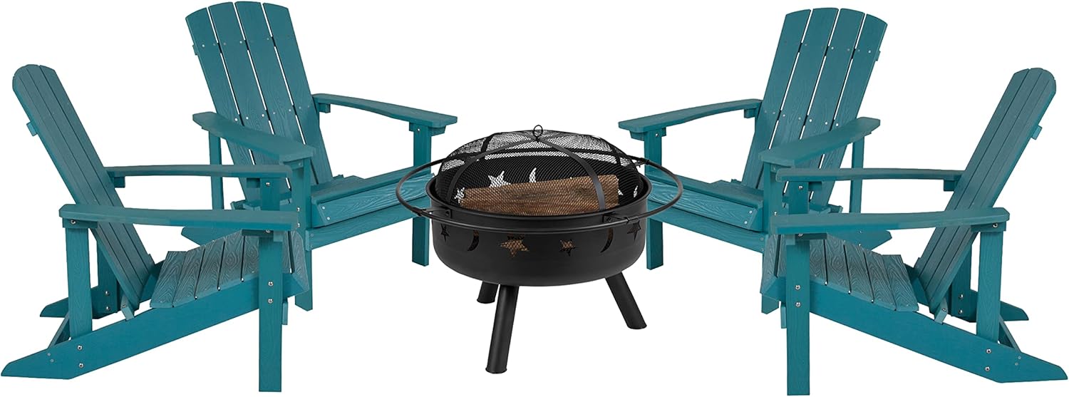 Flash Furniture 5 Piece Commercial Charlestown Adirondack Chair Set with Fire Pit - 4 Sea Foam Poly Resin Wood Chairs - Star and Moon Fire Pit with Mesh Cover