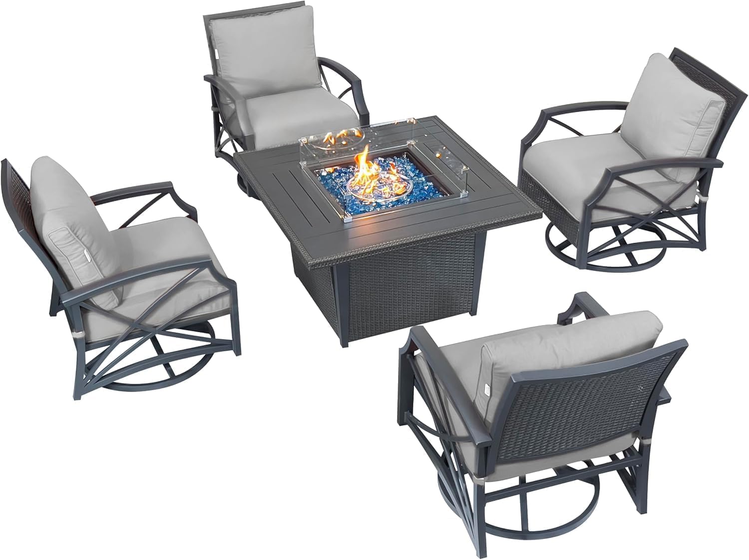 Ethan Rattan 5-Piece Patio Furniture Set with Fire Pit Table, 42-Inch Fire Outdoor Propane Pit Dining Table Conversation Set, 50,000 BTU, Includes 4 Sofa Swivel Chairs (Grey Grey)