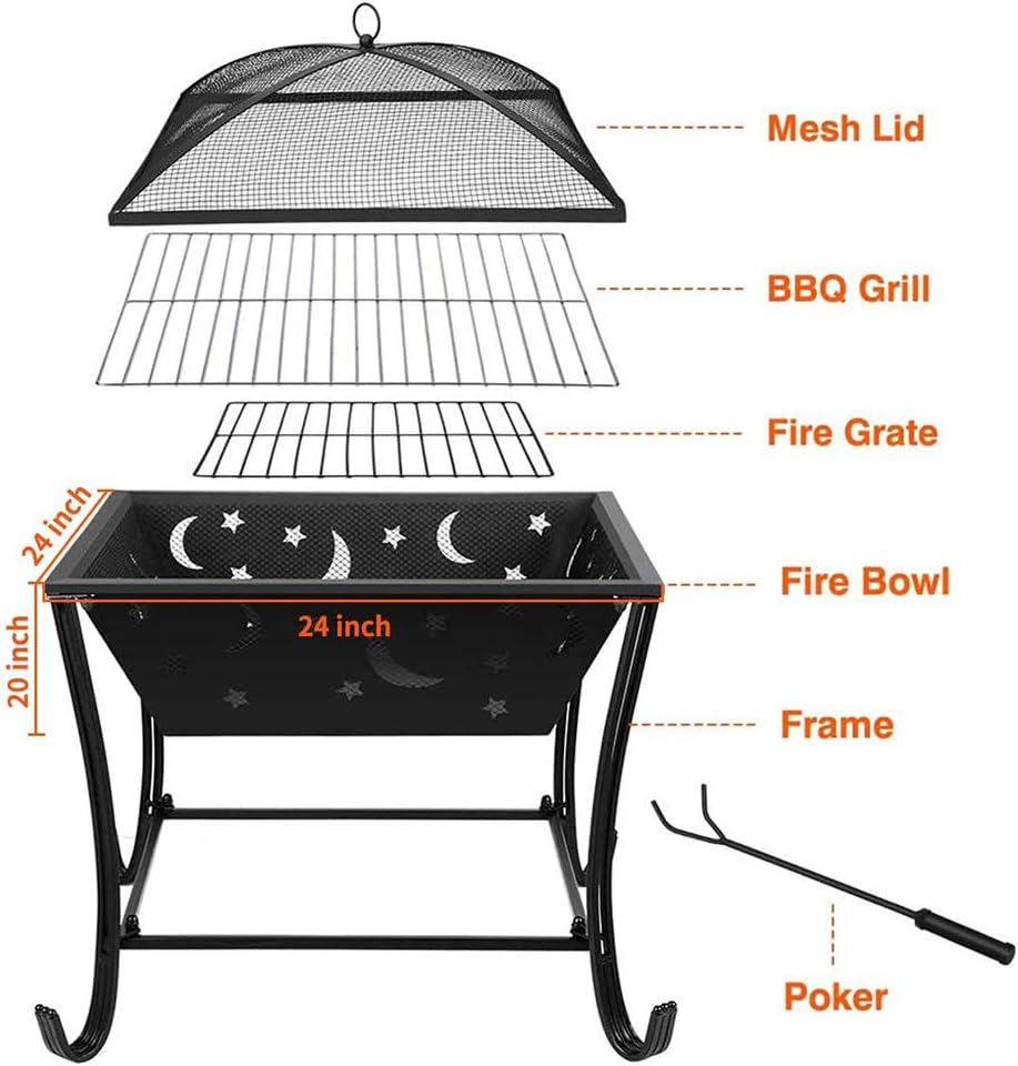 Fire Pit Outdoor Wood Burning Firepit, 20 Inch BBQ Bonfire Firepits, with Spark Screen Fireplace Poker Fire Bowl