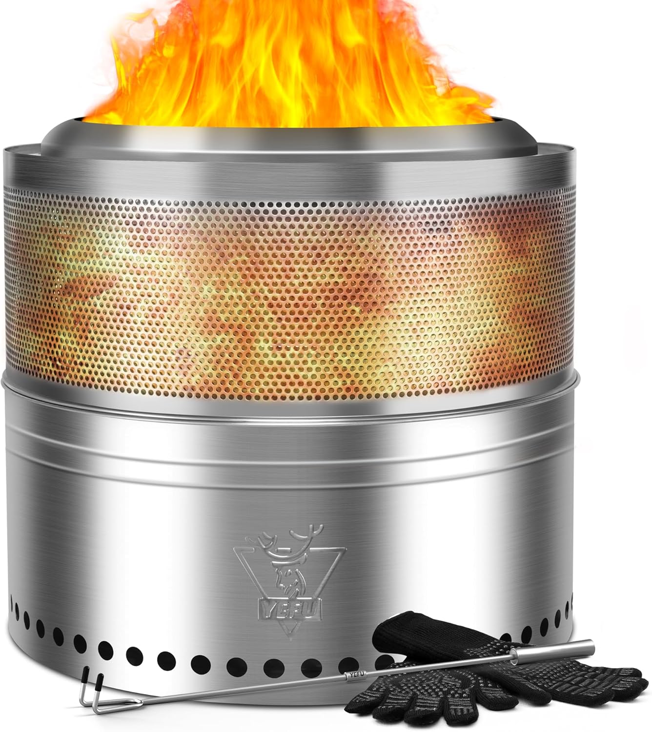 YEFU Fire Pit 18in Dia, Folding Smokeless Firepit, Wood Burning Stainless Steel Portable Outdoor Fireplace with Removable Ash Stand,Gloves,Fire Poker,Bonfire Fire Pits for Outside Camping,16.6 lbs