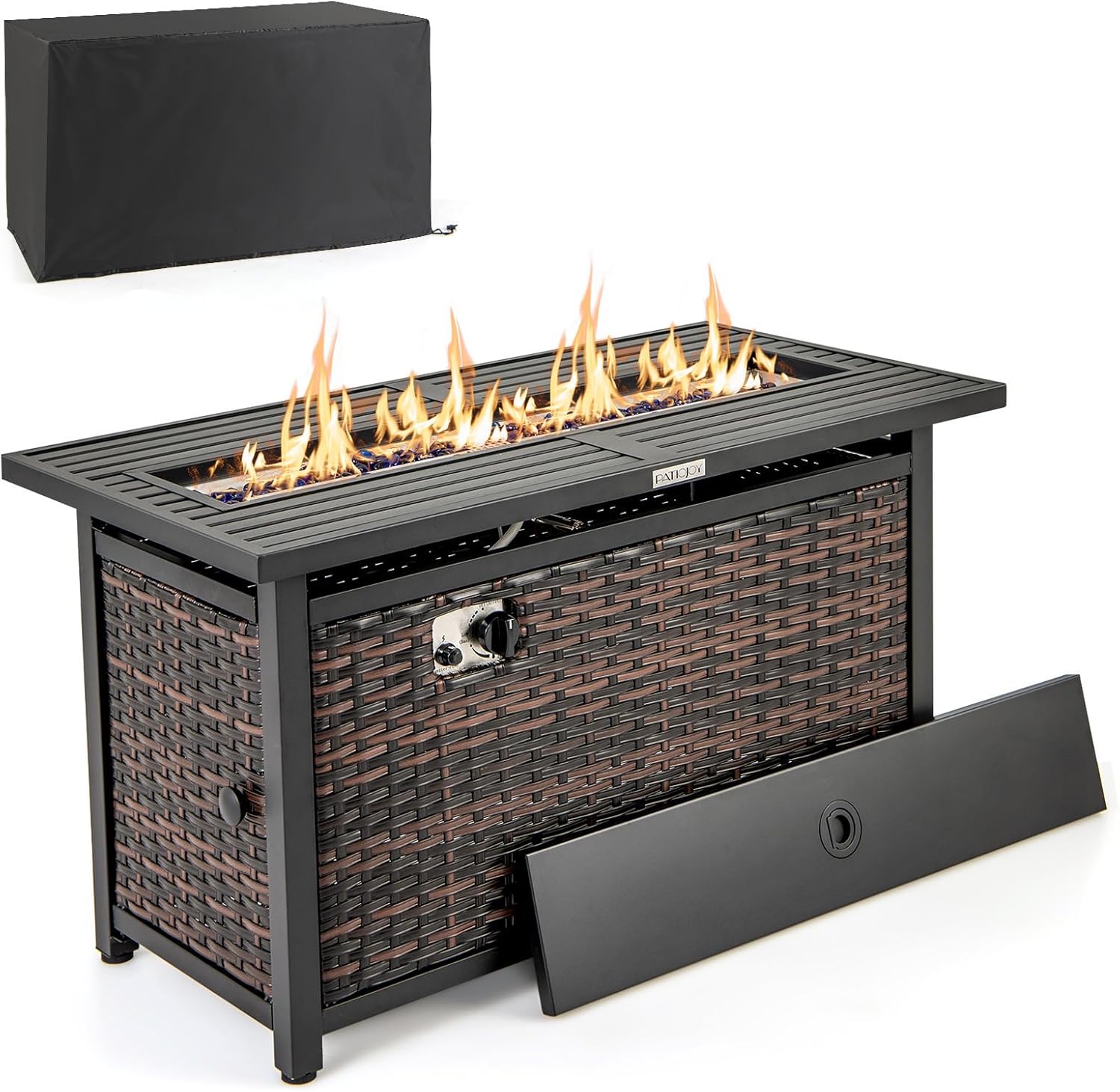 RELAX4LIFE 45’’ Propane Fire Pit Table - 50000 BTU Rattan Outdoor Fire Pit w/Metal Top, Glass Stones, Lid & Protective Cover, Rectangular Gas Fire Pits for Outside Patio Backyard Garden Deck Parties