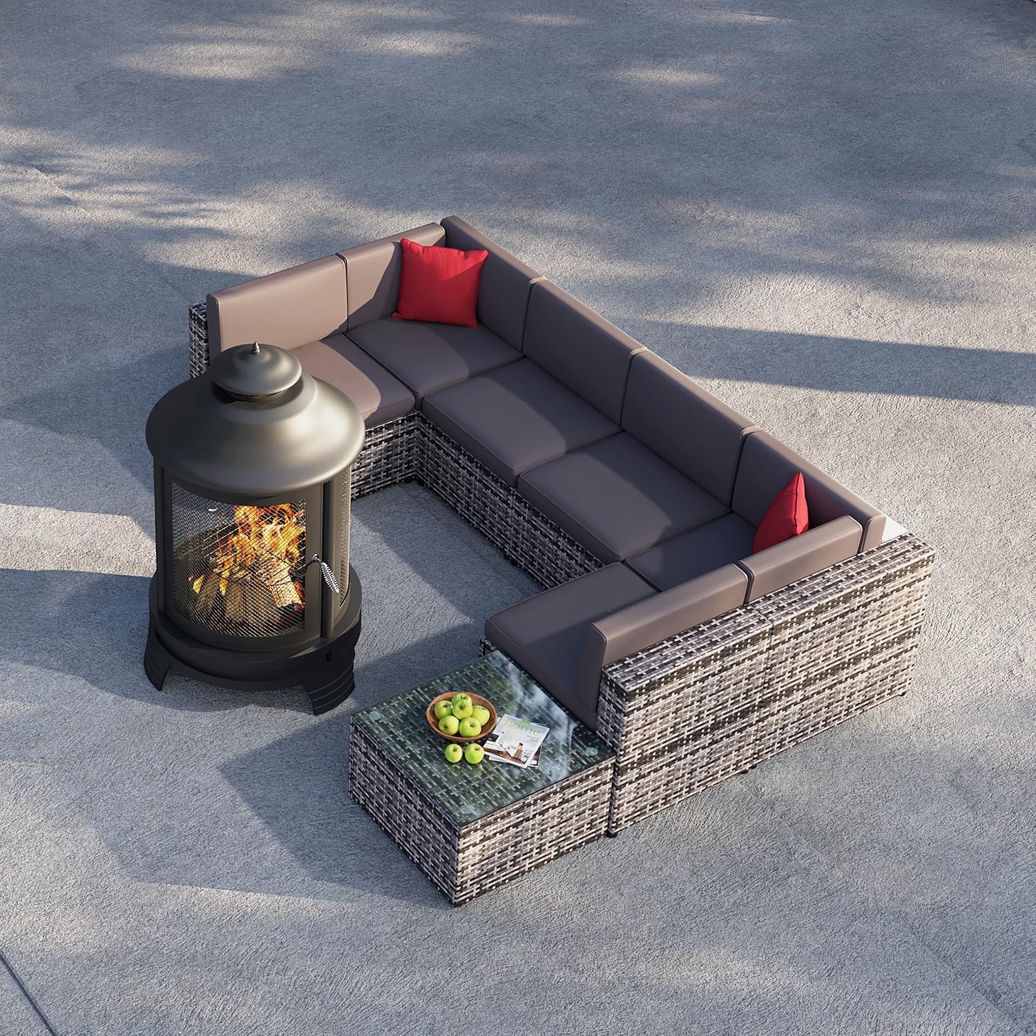 oneinmil 8-Piece Outdoor Furniture Set, with Large Fire Pit Chiminea, 2 in 1 Fire Pit for Outdoor, Wicker Rattan Sectional Conversation Set, and Coffee Table
