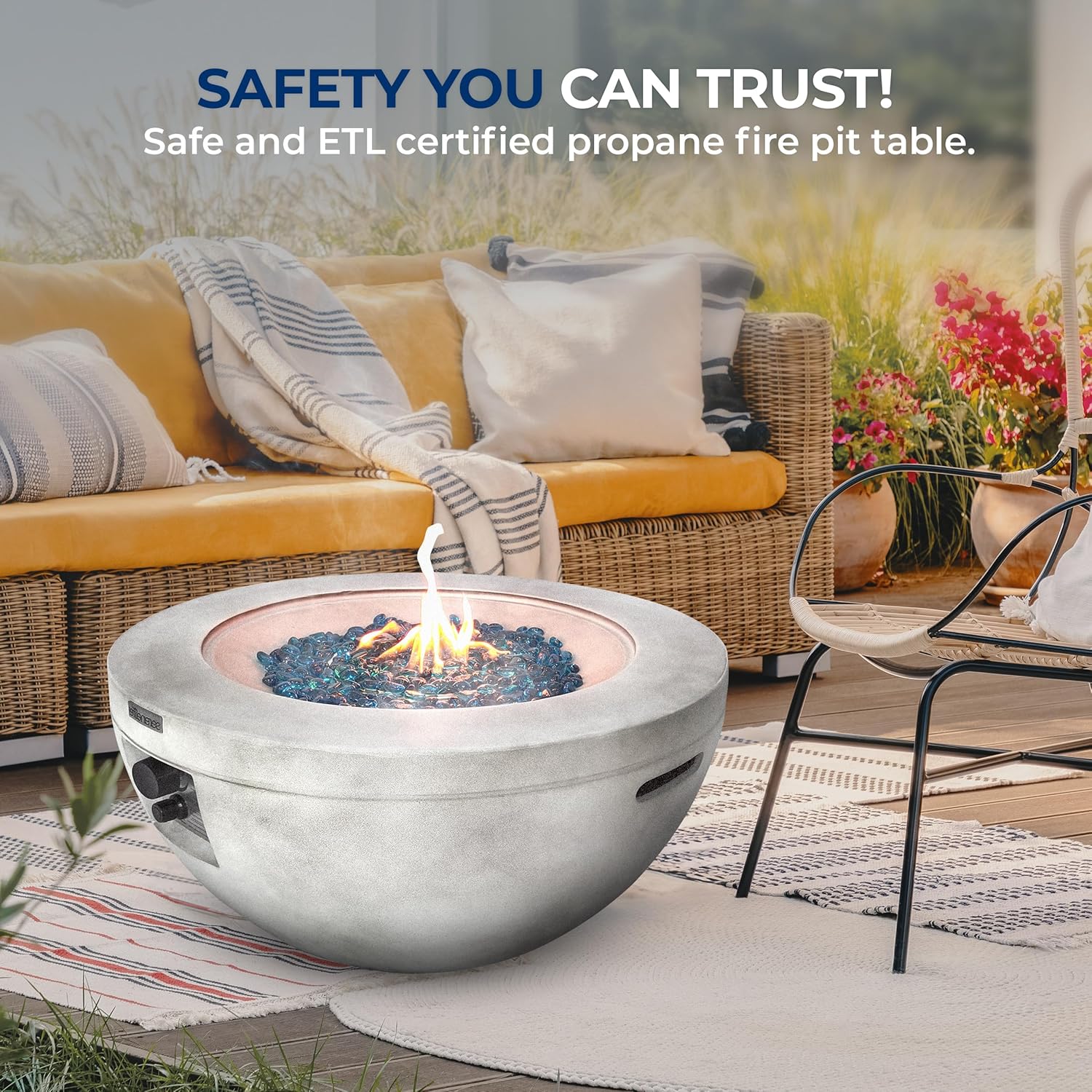 SereneLife 40,000 BTU Propane Fire Pit Table, Round Gas Fire Table with Adjustable Flame Height, Weather Resistant, Blue Glass Rocks, Safe and ETL Certified for Outdoor Use, 30
