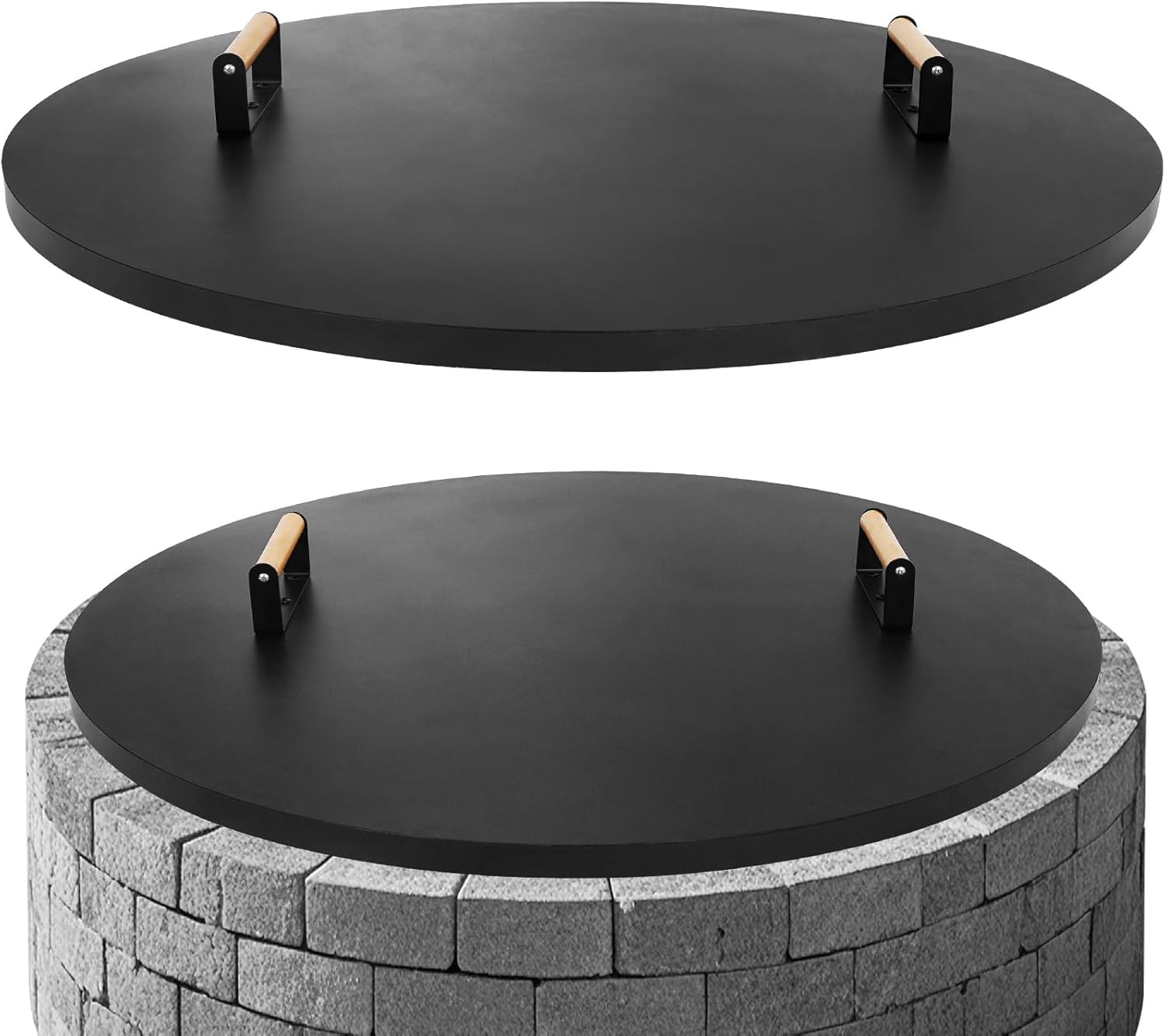 G GOOD GAIN Firepit Lid Round 38 Inch - Rust Resistant Fire Pit Lid Cover with Wooden Handle & Gloves, Fire Pit Snuffer Lid for Courtyards, Patio, Winter Cold Protection. Fits Fire Pits Up to 36