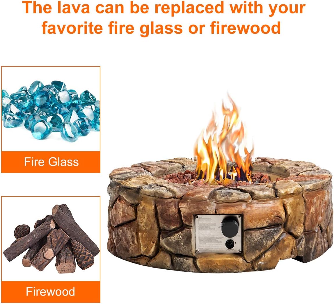 Giantex Gas Fire Pit, 28 Inch 40,000 BTU Propane Fire Pit Outdoor w/Natural Stone, Cover, ETL Certification, Stainless-Steel Gas Burner w/Electronic Ignition Lava Rock (Brown)