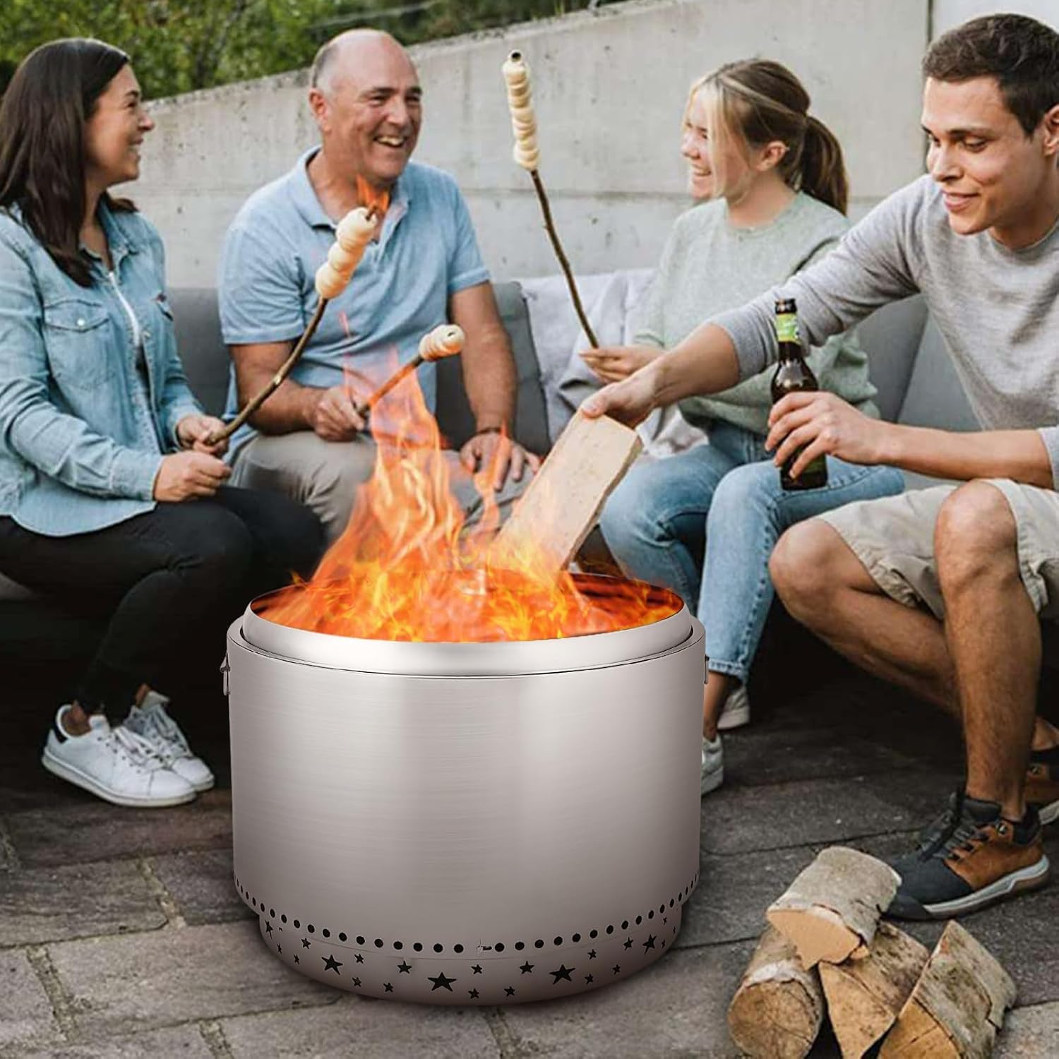 27 Inch Smokeless Fire Pit, Stainless Steel Wood Burning Fire Pits with Removable Stand and Ash Pan, Portable Bonfire Pit with Handle, Outdoor Fire Pit for Camping, Picnic and Family Gathering
