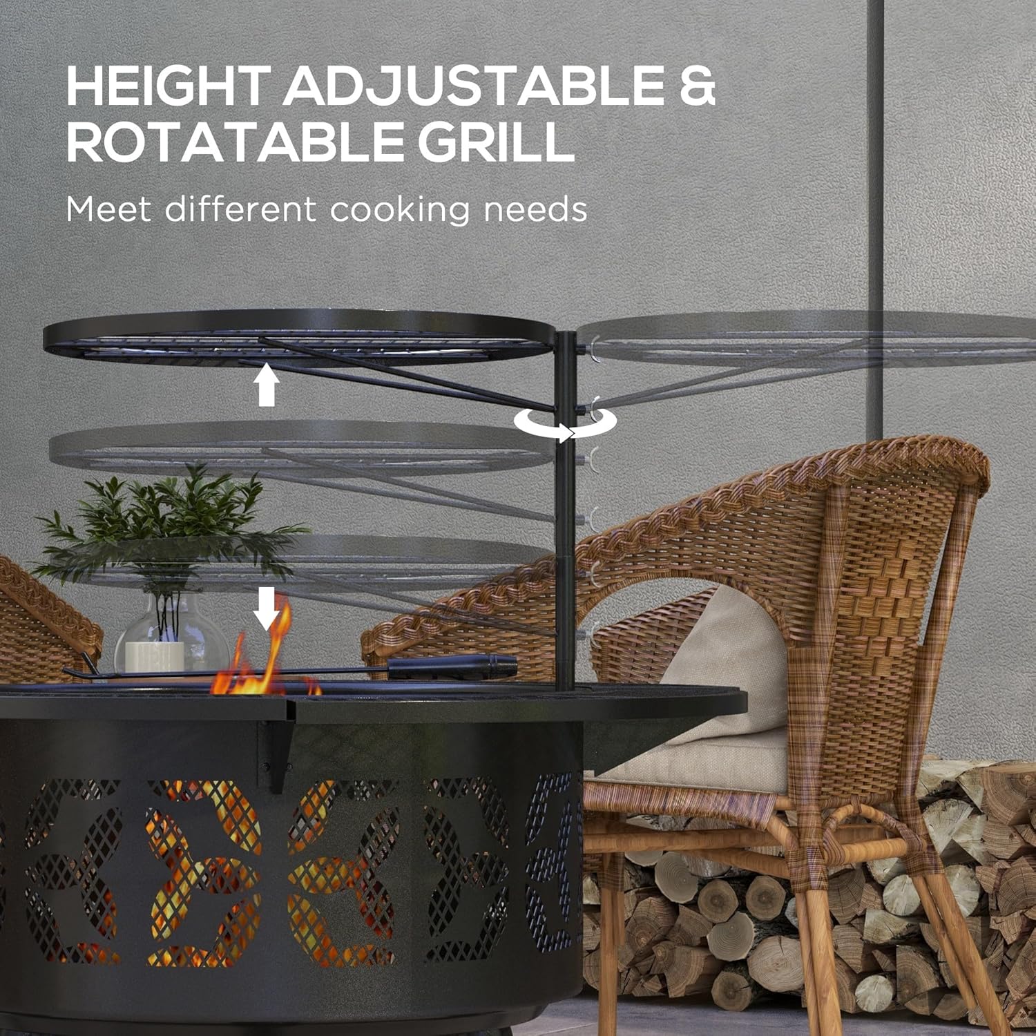 Kaimei Heavy Duty 33 inch Fire Pit & BBQ Grill Combo - Portable Outdoor Fire Pit with Adjustable Grill Grate, Cooking Pan & Poker for Backyard, Camping, Patio