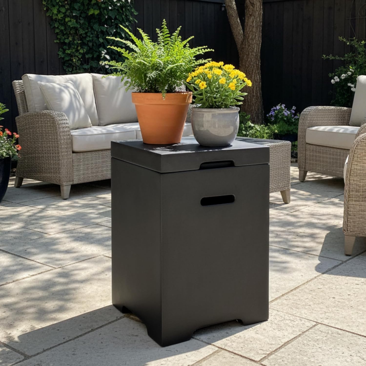 Light Concrete Propane Tank Cover Table – Outdoor Hideaway Side Table for Gas Fire Pit & Griddle, Durable Magnesium Oxide Composite, Weather-Resistant, No Assembly Required