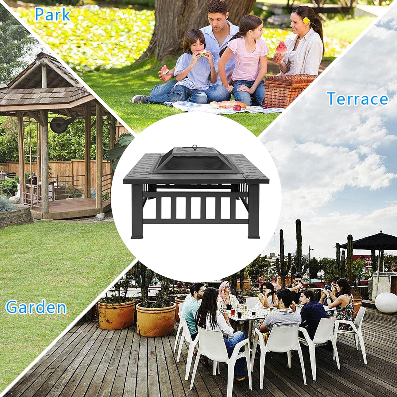 Outdoor Fire Pit Table, 3 in 1 Square Firepit for Barbecue, Patio Heater, Ice Pit, Metal Brazier Bonfire Firepit,Spark Cover Screen & Poker & BBQ Grill Grate
