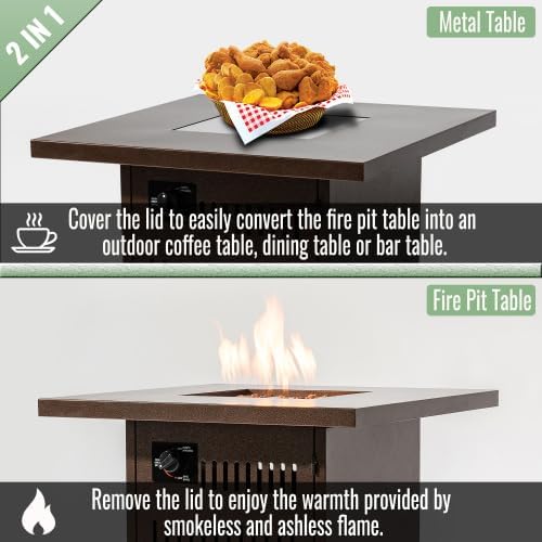 Propane Gas Fire Pit Table, 50000 BTU Square Steel Fire Pit for Outside Patio Deck Garden Courtyard-Brown 28