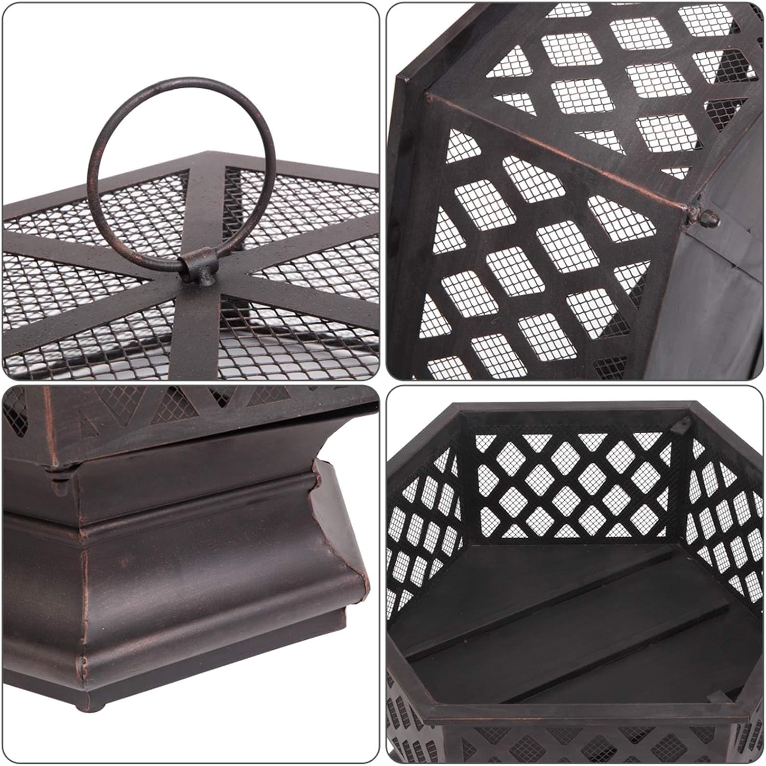 22” Hexagonal Outdoor Fire Pit, Wood Burning Fire Bowl with Spark Screen Cover, Large Bonfire Pit Portable Firepit for Outside Camping Garden Patio Backyard