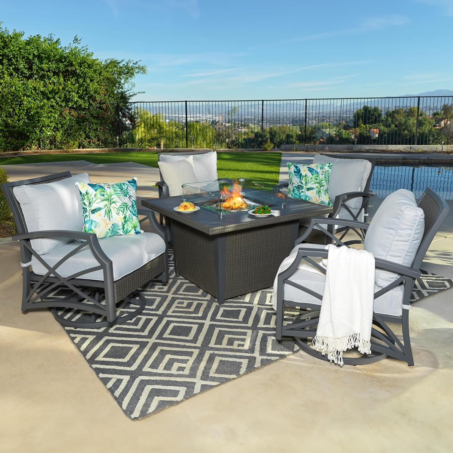 Ethan Rattan 5-Piece Patio Furniture Set with Fire Pit Table, 42-Inch Fire Outdoor Propane Pit Dining Table Conversation Set, 50,000 BTU, Includes 4 Sofa Swivel Chairs (Grey Grey)