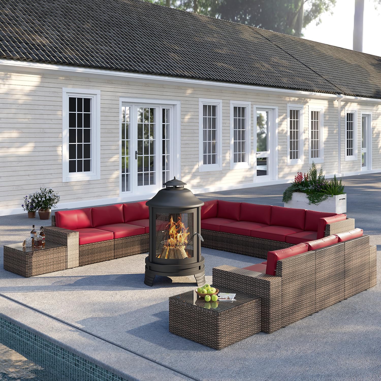 oneinmil 13-Piece Outdoor Furniture Set, with Large Fire Pit Chiminea, 2 in 1 Fire Pit for Outdoor, Wicker Rattan Sectional Conversation Set, and Coffee Table