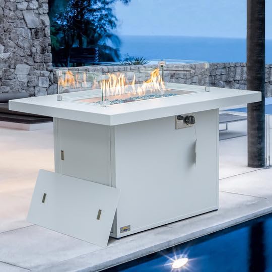 FINCATI Propane Fire Pit,43 Inch 50,000 BTU Aluminum Fire Outdoor Gas Fire Pit with Lid &Glass Beads & Wind Guard, Firepit Table for Outside Patio Balcony White
