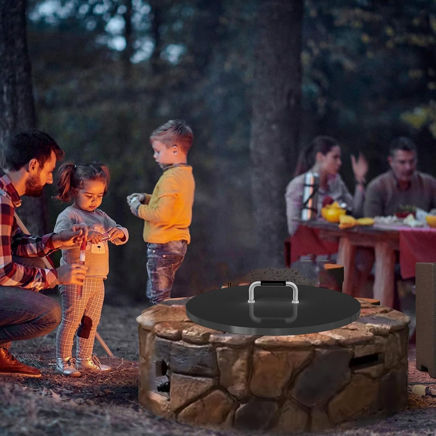 28 inch Universal Fire Pit Metal Cover for Outdoor Round Patio Fireplace, Snuffer Lid for Outdoor Round Built in Stone Firepit, Rust Resistant Coated Steel Fire Pit Ring Cover, Heat Resistant