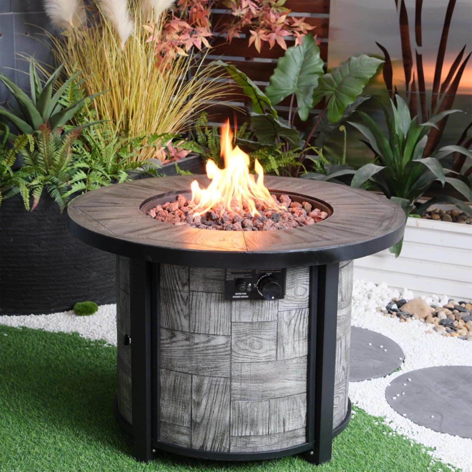 Outdoor Propane Fire Pit Table 50,000 BTU, 36-Inch Square Stonecrest Gas Fire Pit for Patio,Concrete Propane Fire Table with Lava Rocks,Waterproof Cover, Acacia Wood Look,Magnesium Oxide Construction