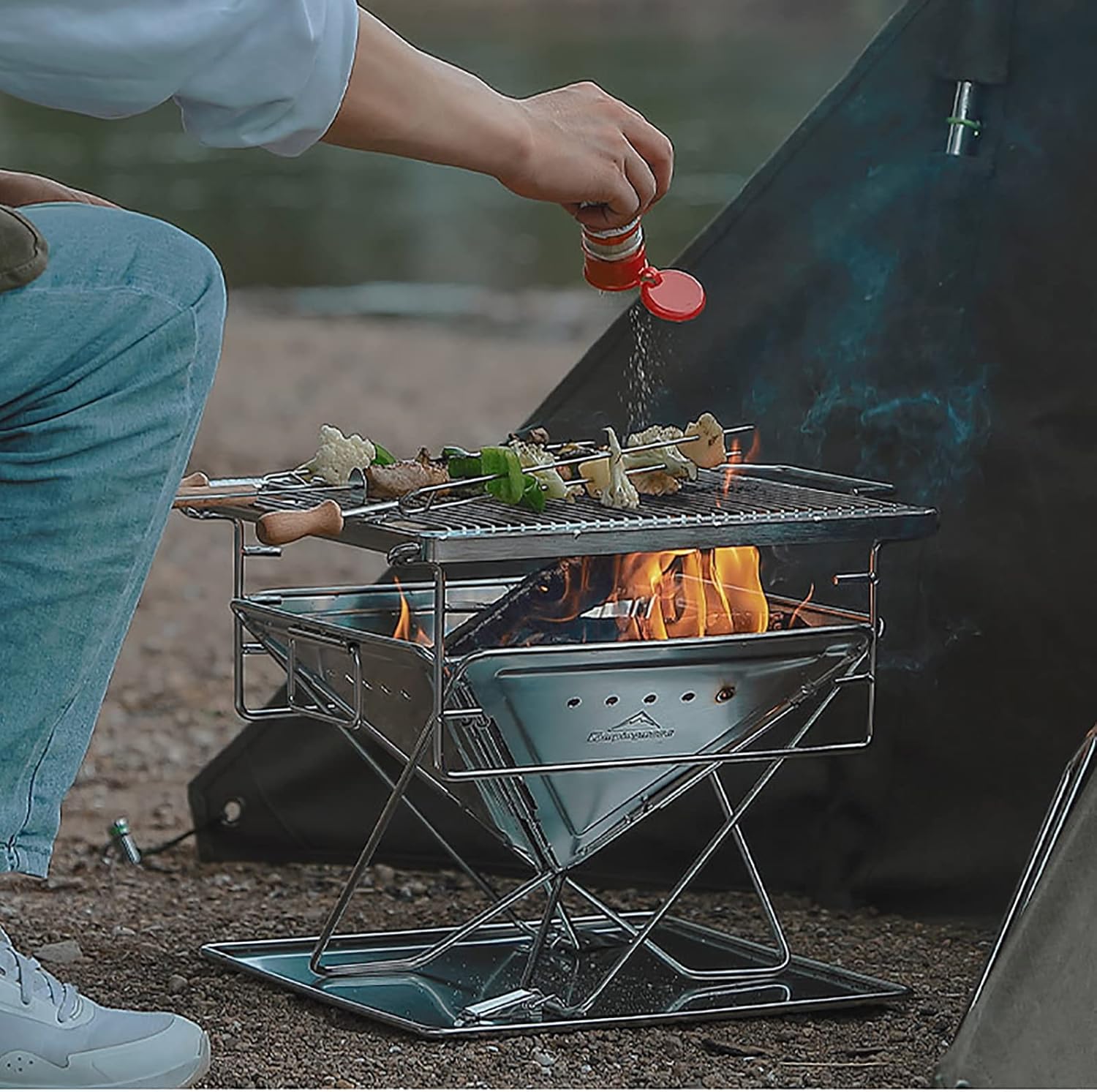 JOSBY Outdoor Fire Pits, Foldable BBQ Stainless Steel Grill with Carrying Bag, Liftable, Portable Campfire Pit for Camping Picnic Patio Travel Backyard Garden