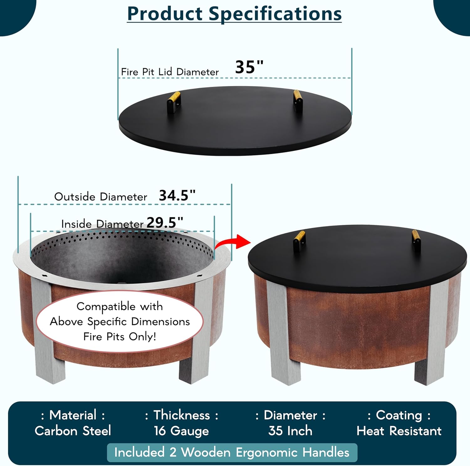 35” Fire Pit Cover Lid Round - Fit for 34.5 Round Fire Pit Lid for Outdoor Fireplace Cover Lid Steel fire Pit Metal Cover W/ 2 Wooden Handles & Heat Resistant Snuffer Lid for Patio Fire Pit Ring