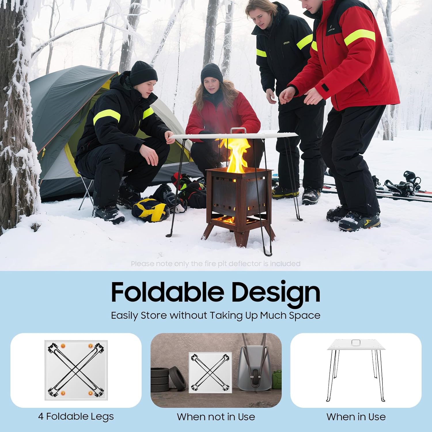 Fire Pit Heat Deflector, Stainless Steel Fire Pit Cover, Fire Pit Burner Cover to Push Heat Down and Out, Fire Pit Lid with Foldable Legs and Carrying Handle (24 x 24 x 13 Inch)