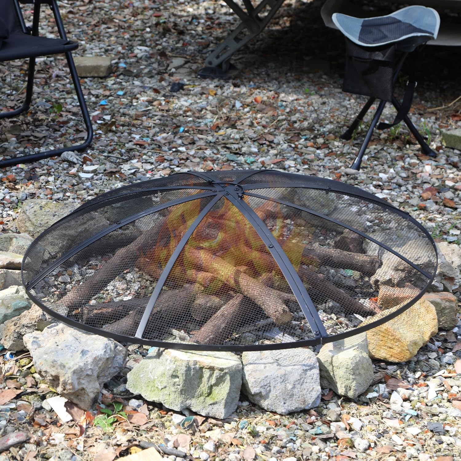 Lineslife Fire Pit Spark Screen 40 Inch Cover Round, Heavy Duty Collapsible Outdoor Fire Pit Mesh Screen, Metal Fire Pits Top Lid with Ring Handle for Patio Backyard, Black