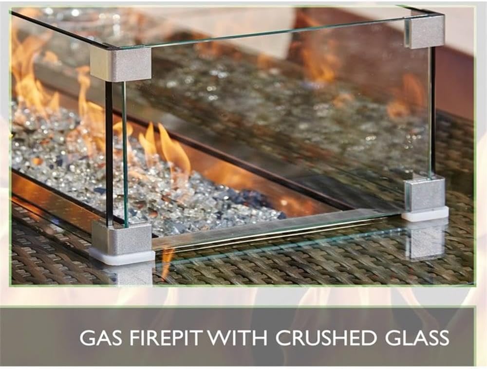 Brown Rattan Outdoor Gas Fire Pit Table Patio Dining Table with Wind Guard