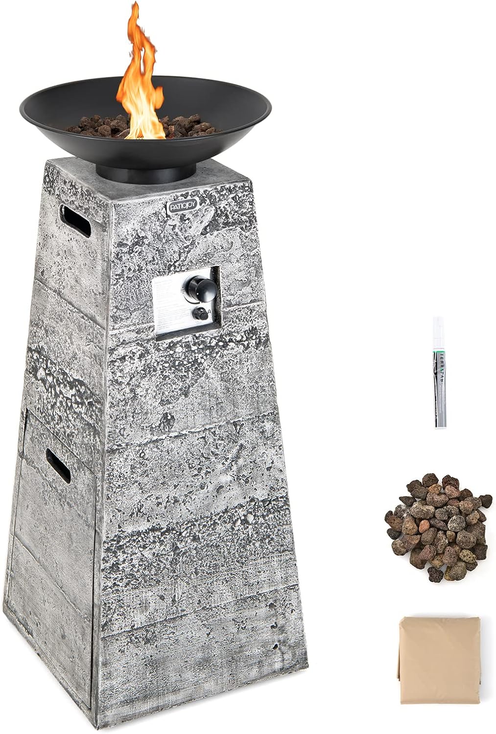 Tangkula 48 Inch Tall Patio Propane Fire Pit Tower, Patiojoy Outdoor Propane Fire Bowl Column with Stainless Steel Burner, Protective Cover & Lava Rocks, 30,000 BTU Gas Fire Pit for Garden, Patio
