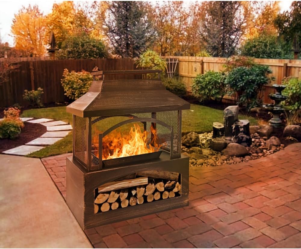 37” Rectangular Outdoor Fireplace – Heavy-Duty Metal Wood Burning Fire Pit with Built-in Log Storage & Poker, Brushed Bronze Finish for Patio & Backyard
