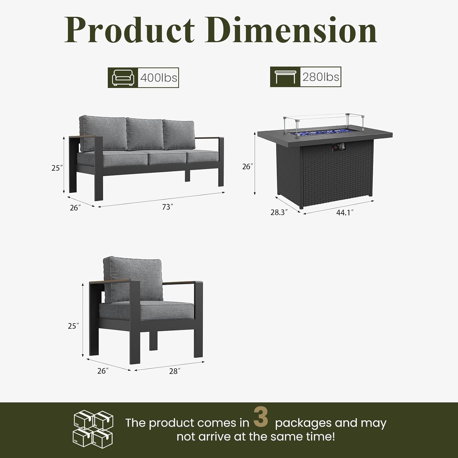 LayinSun 4 Piece Aluminum Outdoor Furniture Set with Fire Pit Table, Outside Patio Deep Seating Conversation Set with Upgraded Washable Thick Cushion