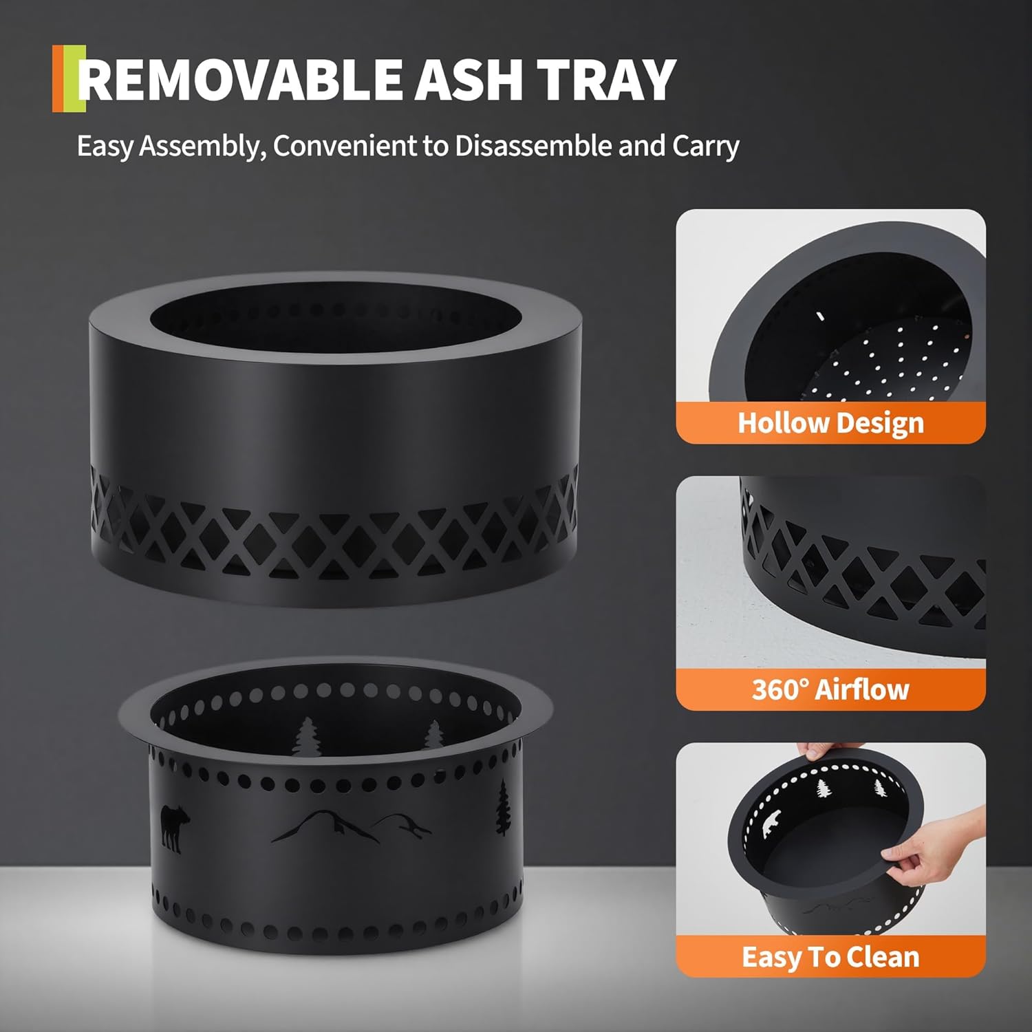 19 Inch Smokeless Wood Burning Fire Pit with Removable Ash Pan and Carry Bag, Stainless Steel Outdoor Fireplace for Patio BBQ, Bonfire, Camping, Backyard Gatherings