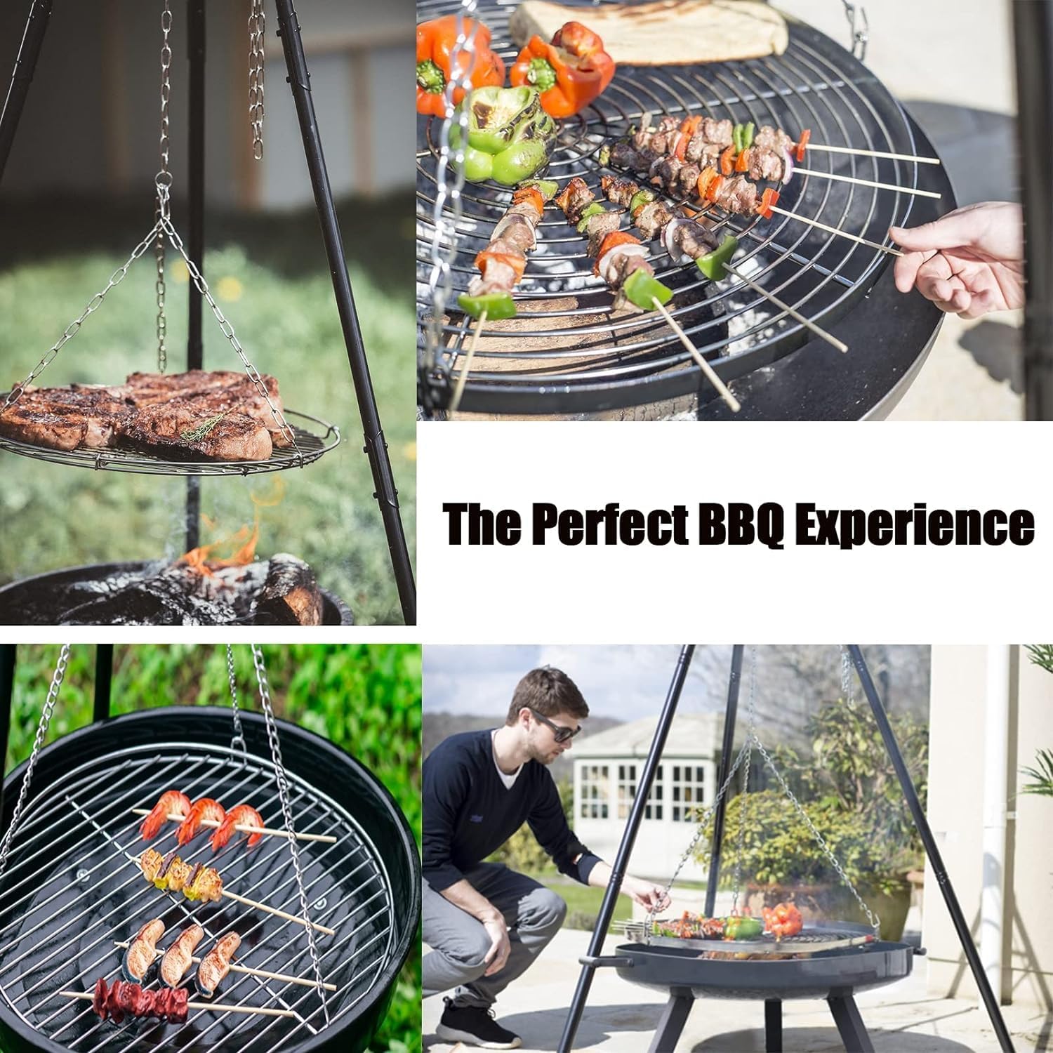 Camping Fire Pit Portable, Outdoor Height-Adjustable Hanging Tripod with Stainless Steel Barbecue Net and Charcoal Barbecues Grill Tall Garden Patio Heater for Campfire Cooking Pot Rack black